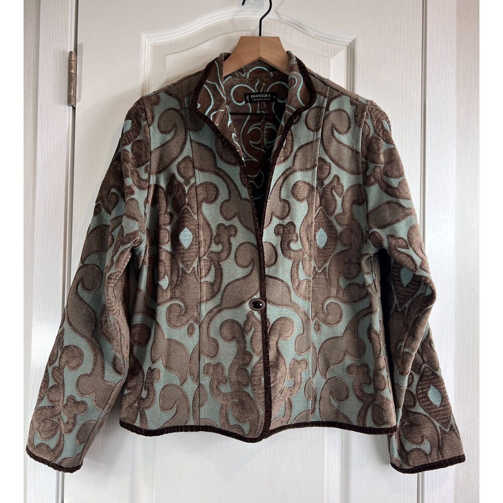 Khangura Women's Reversible Tapestry Jacket Turquoise Brown Print Size M